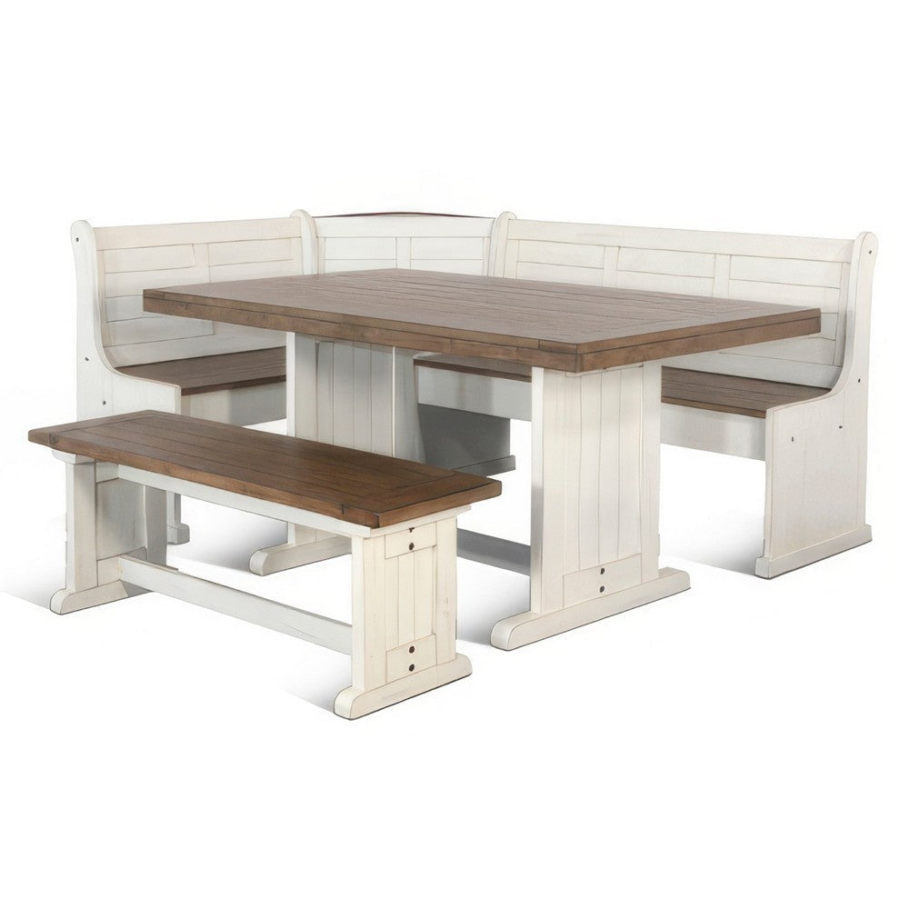 Sime 4pc Corner Breakfast Nook Set, White Brown Dining Table and Bench