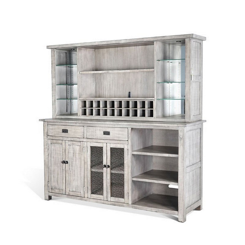 Zeka Buffet Console, Hutch, Home Bar w Glass Shelves, Wine Rack, Gray