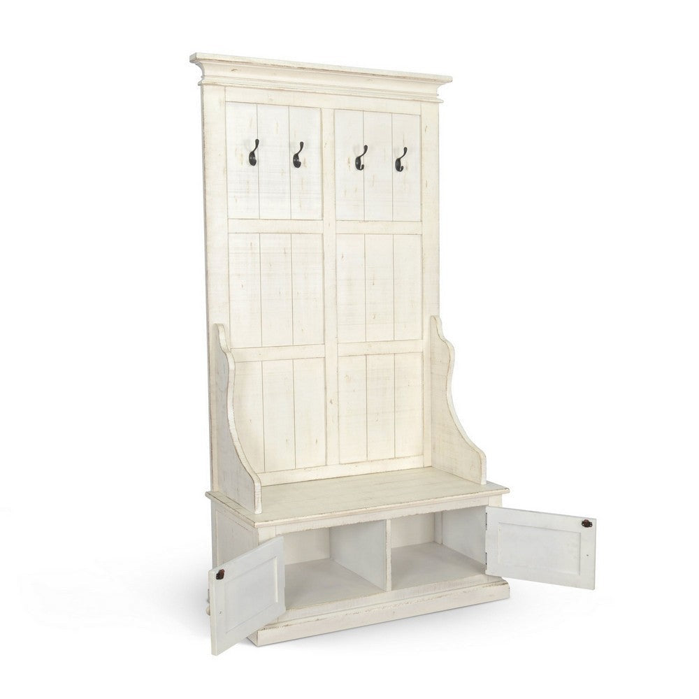 Mary Accent Hall Tree Coat Rack with Bench 4 Hooks Farmhouse White BM325270