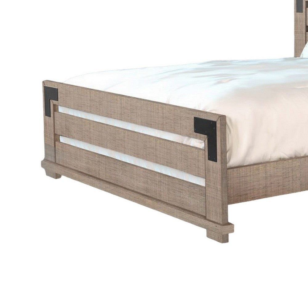 Desy Queen Size Platform Bed Slatted Headboard Farmhouse Light Brown BM325274