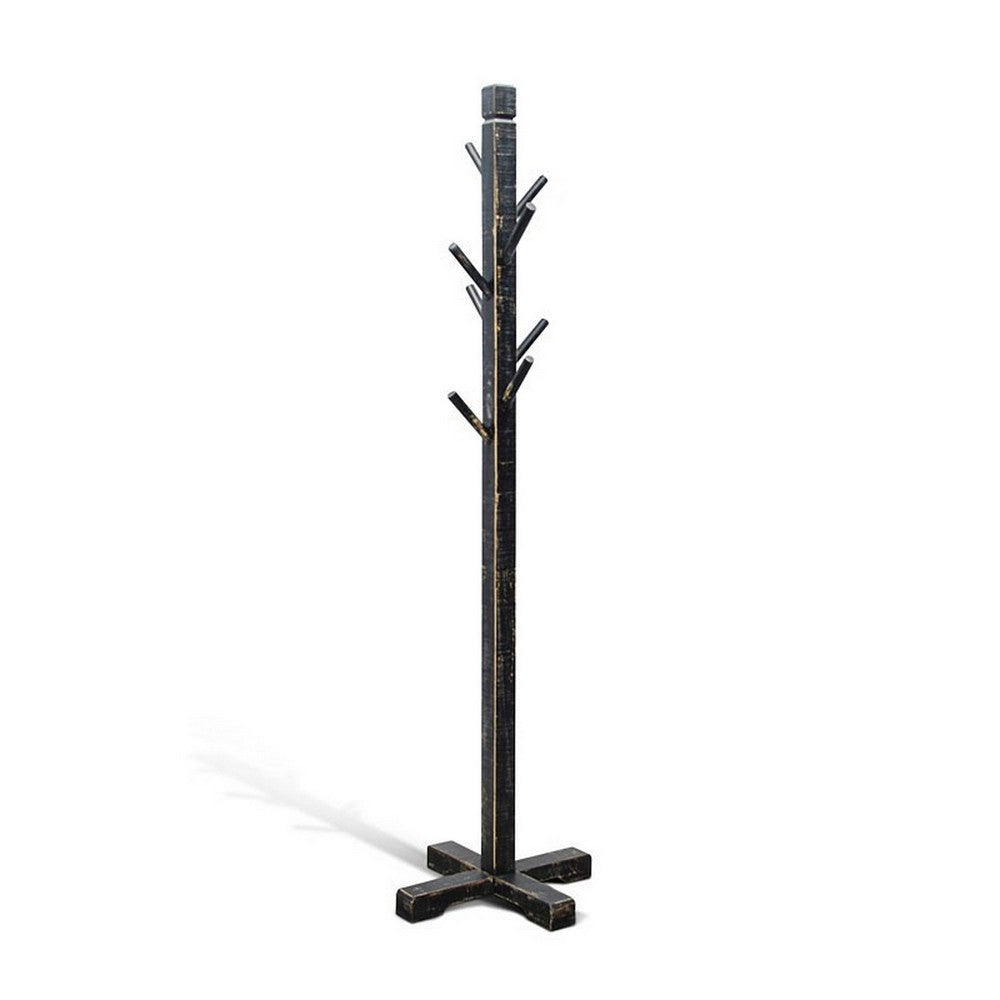 Rena Coat, Hat Rack Stand, 8 Wood Stems, 72" Rustic Black Mahogany