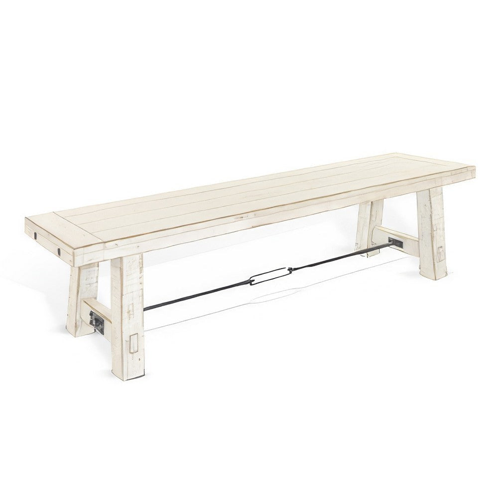 Rena Dining Bench, Turnbuckle Accent, 64" Rustic White Mahogany Wood