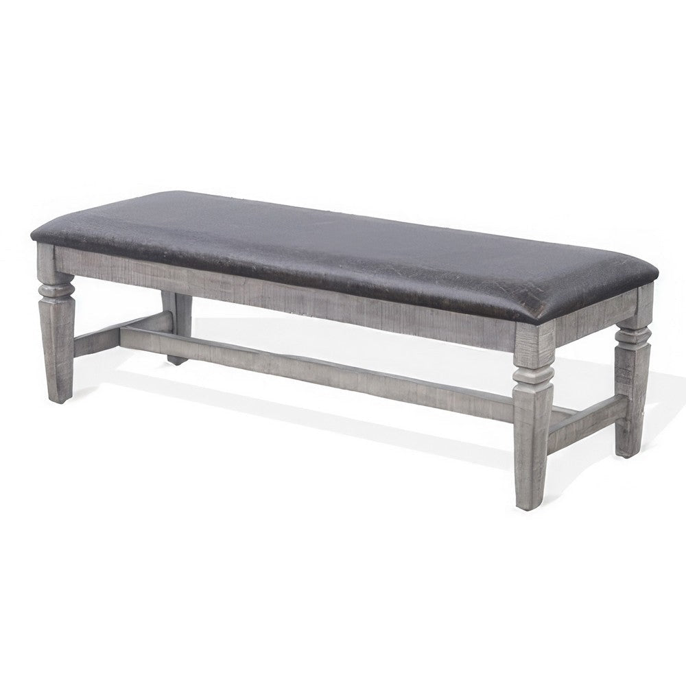 Camie Dining Bench 56’’ Faux Leather Seat Rustic Gray Mahogany Wood BM325430