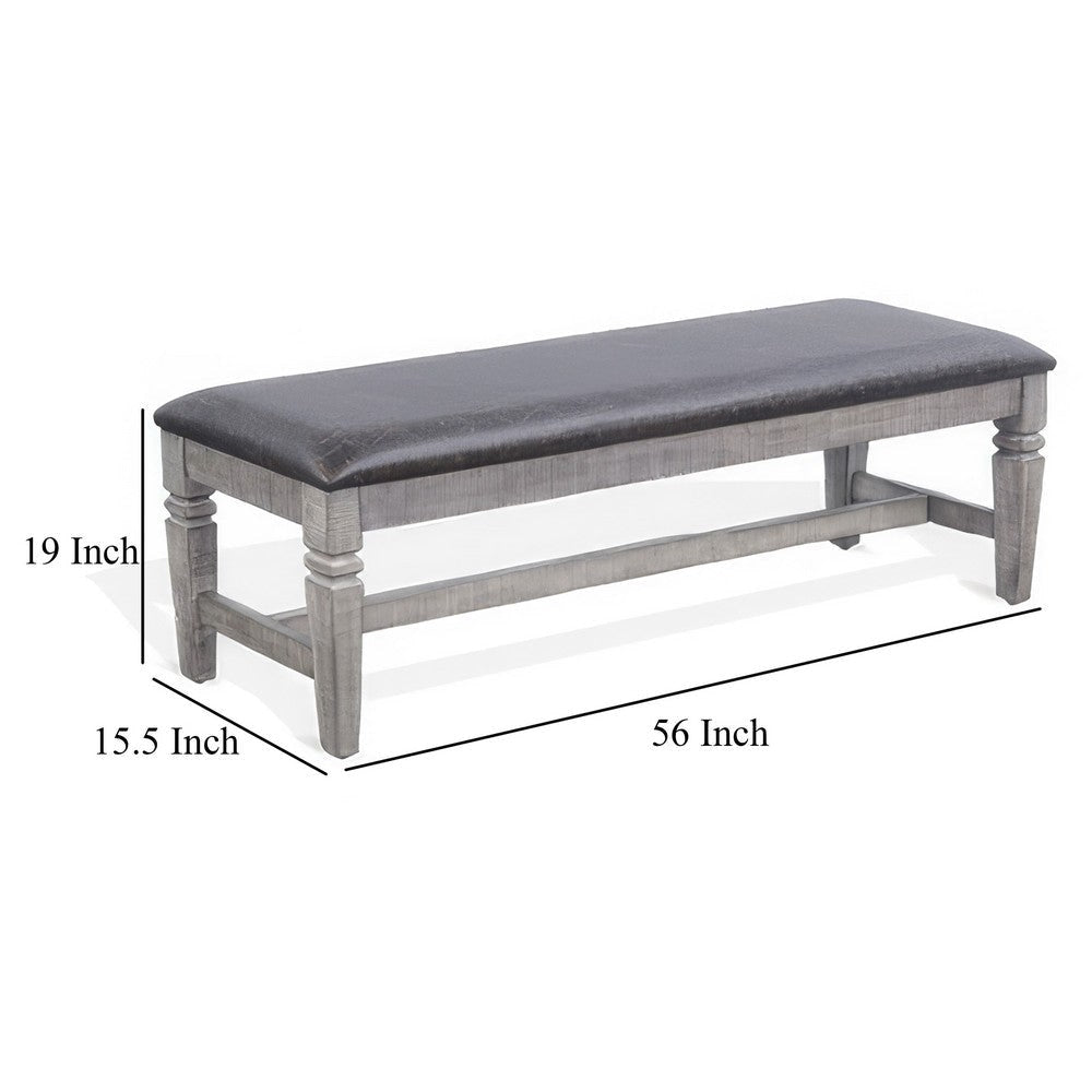 Camie Dining Bench 56’’ Faux Leather Seat Rustic Gray Mahogany Wood BM325430