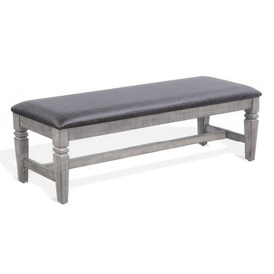 Camie Dining Bench, 56" Faux Leather Seat, Rustic Gray Mahogany Wood