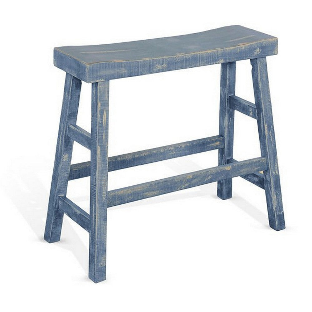 Rena Bar Height Bench, 33" Rustic Ocean Blue Mahogany Wood Frame