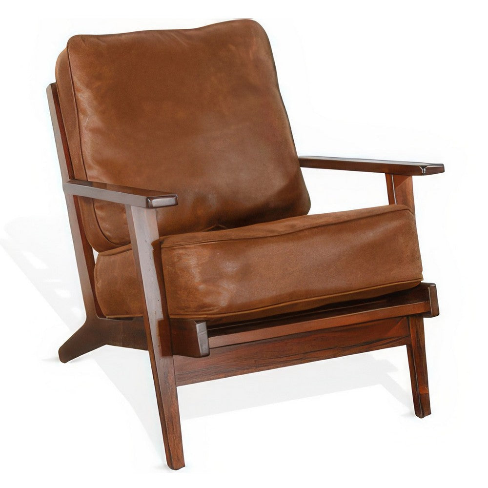 Odel Accent Lounge Chair, Slatted, Faux Leather, Dark Brown Solid Wood