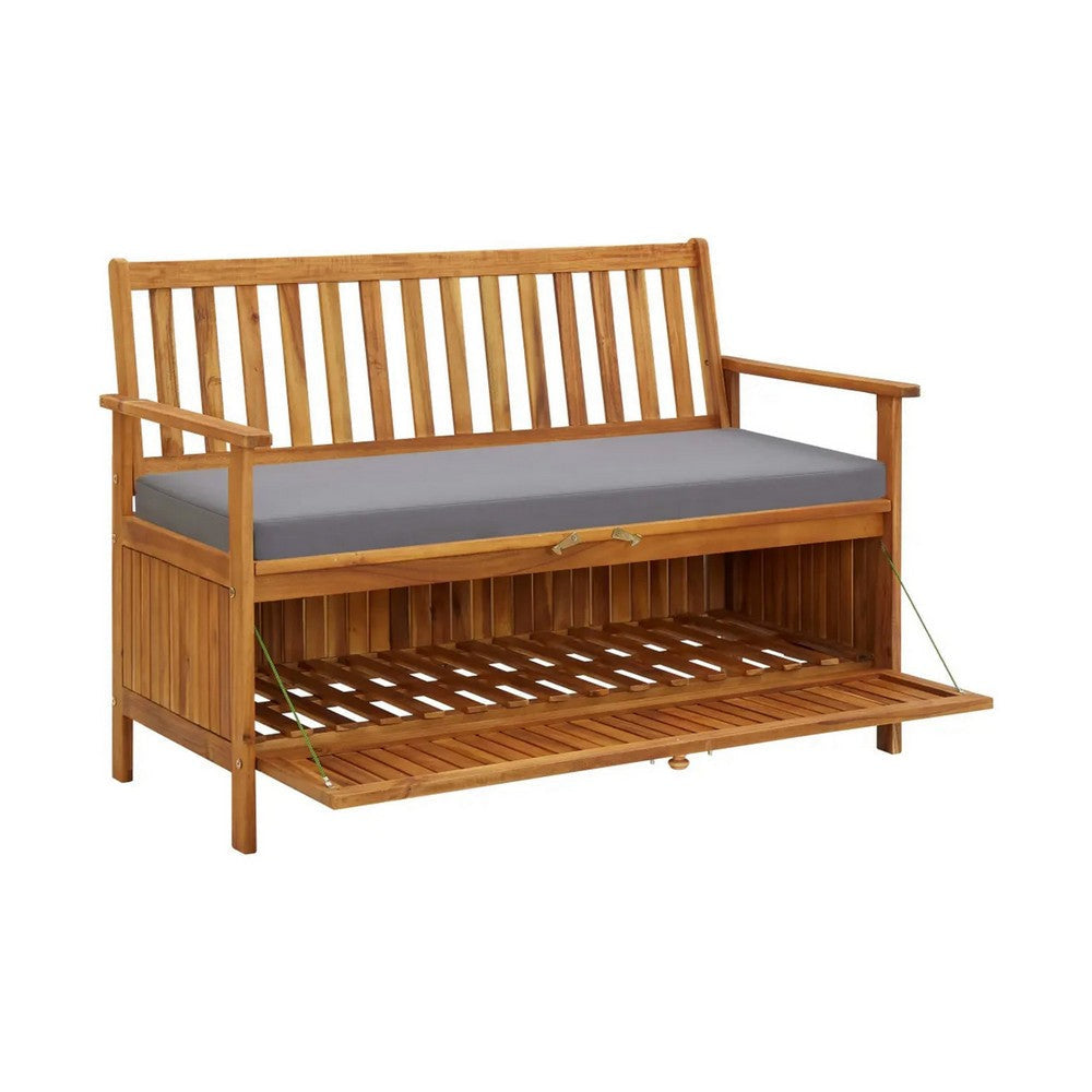 Outdoor Storage Bench Brown Solid Acacia Wood Gray Fabric 47’’ BM325570