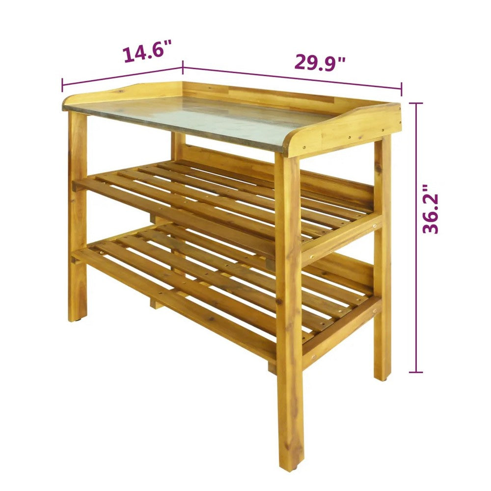 Outdoor Plant Shelf Rack 2 Shelves Zinc Liner Brown Wood 36’’ BM325598