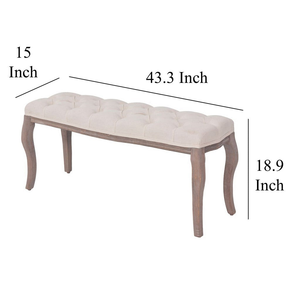 Accent Bench Ivory White Linen Upholstery Cabriole Wood Legs 43’’ BM325620