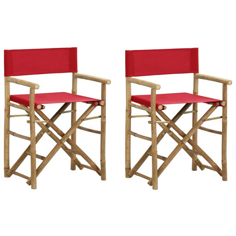 Outdoor Foldable Accent Chair Set of 2, Red Fabric, Brown Bamboo