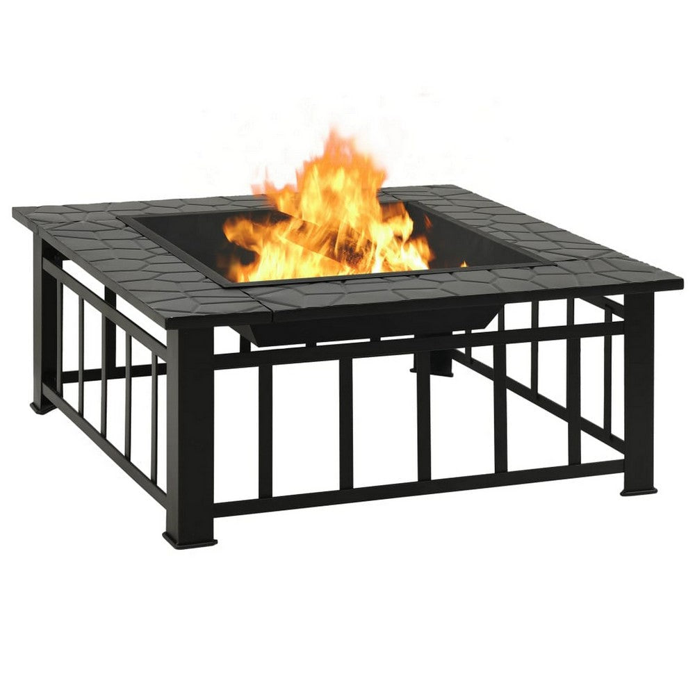 Outdoor Fire Pit with Poker and Mesh Cover 32’’ Black Steel Frame BM325640