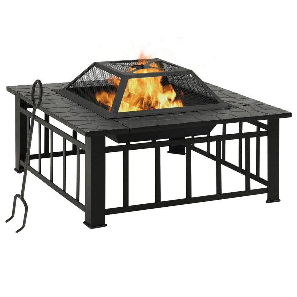 Outdoor Fire Pit with Poker and Mesh Cover, 32" Black Steel Frame