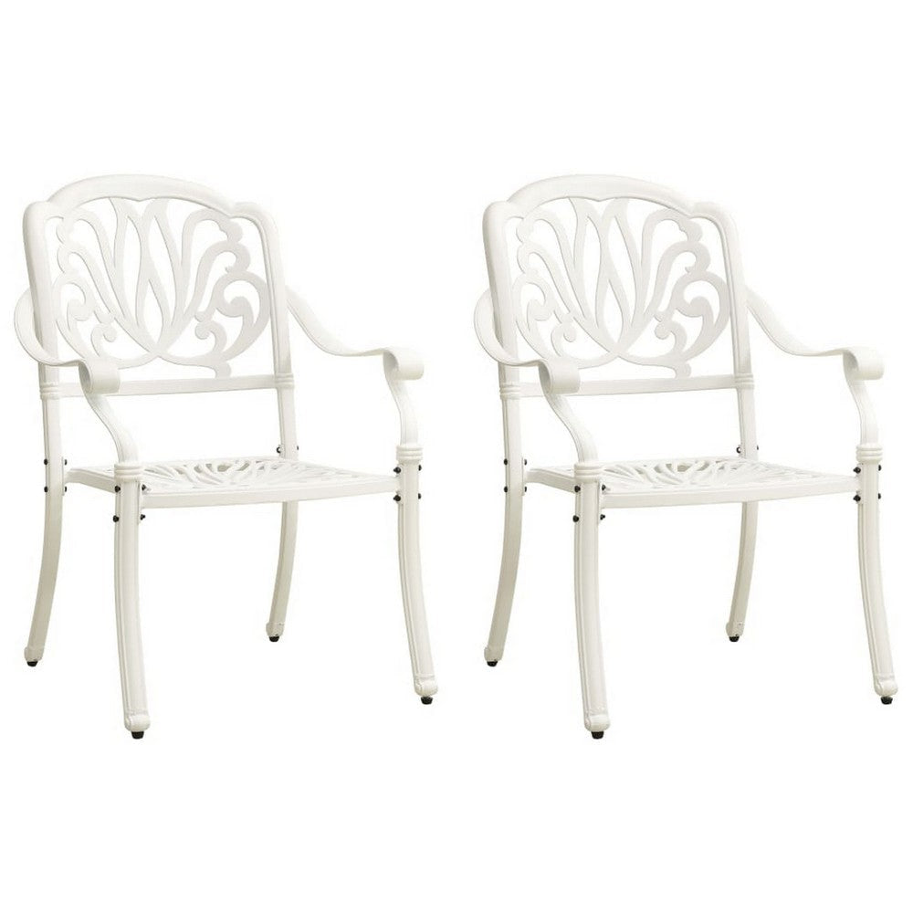 Outdoor Patio Chairs Set of 2, Floral Pattern Backrest, White Aluminum