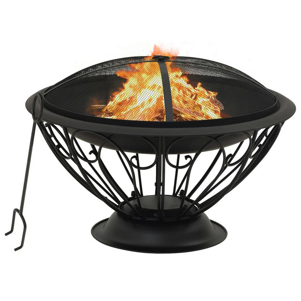 Outdoor Fire Pit with Poker and Mesh Cover, 30" Black Steel Frame