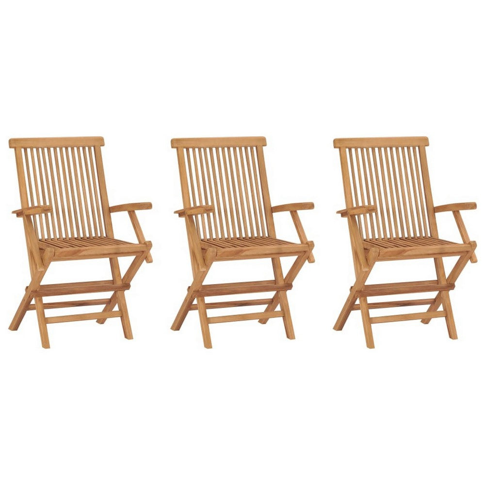 Foldable Outdoor Lounge Chair Set of 3, Slatted Back, Brown Teak Wood