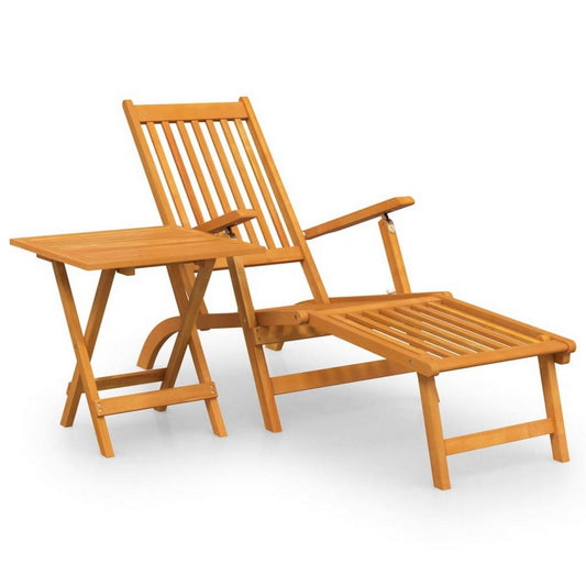 3pc Folding Chaise Deck Chair, Footrest, Side Table, Solid Acacia Wood