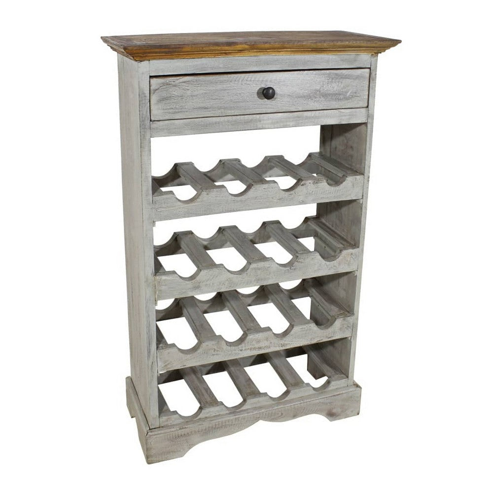 Wine Rack with Drawer, 4 Bottle Shelves, Brown and Gray Wood, 34"