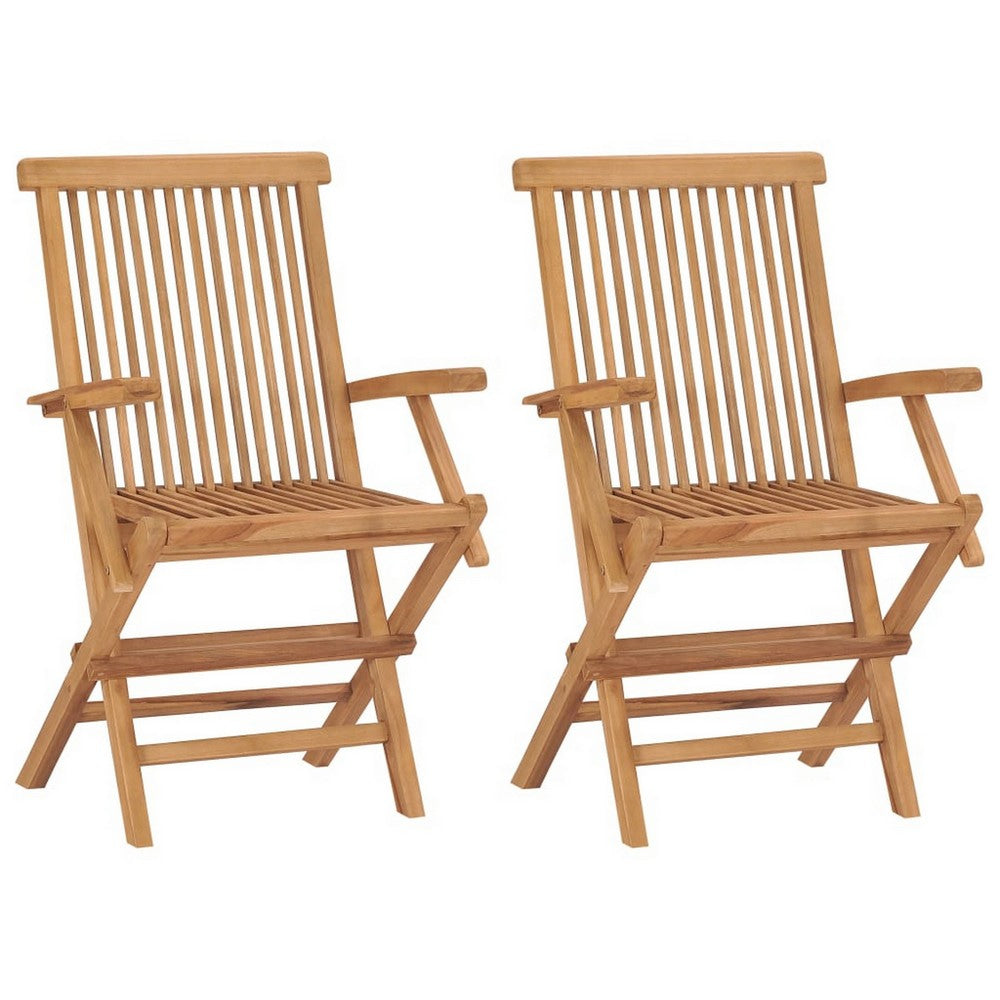 Folding Outdoor Chair Set of 2, Brown Solid Teak Wood, Slatted Back