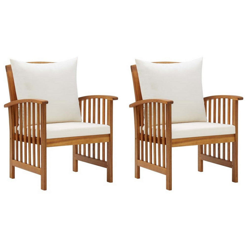 Mia Outdoor Chair Set of 2, White Fabric, Brown Wood, Slatted Design