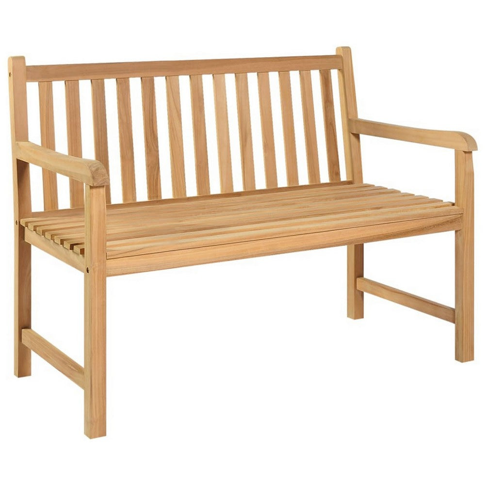 Outdoor Bench, Natural Brown Teak Wood Frame, Slatted Design, 45"