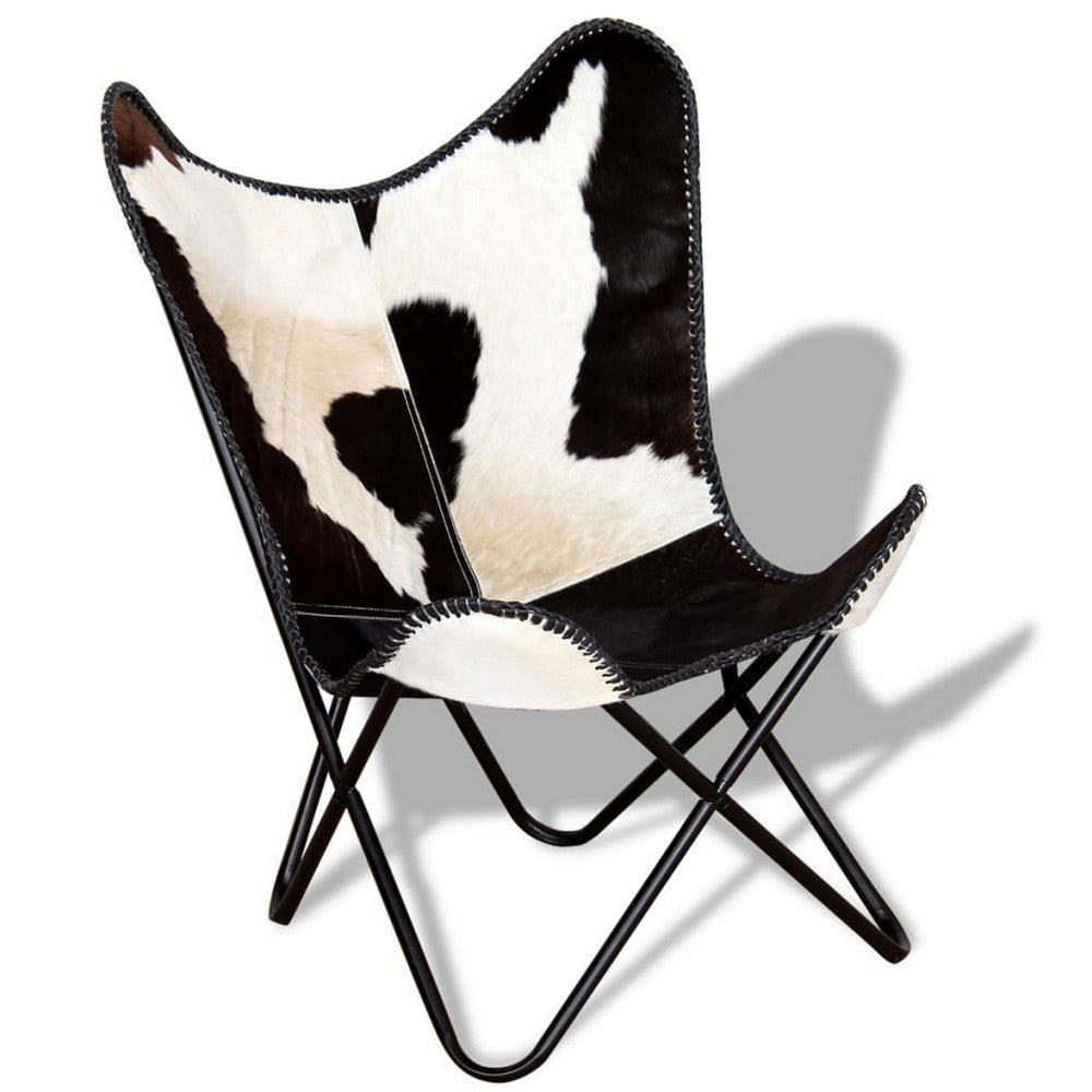 Butterfly Chair, Black and White Genuine Cowhide Upholstery, Metal