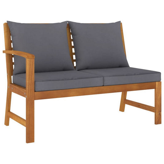 Patio Bench w Gray Cushions, Slatted Brown Solid Acacia Wood, 45"