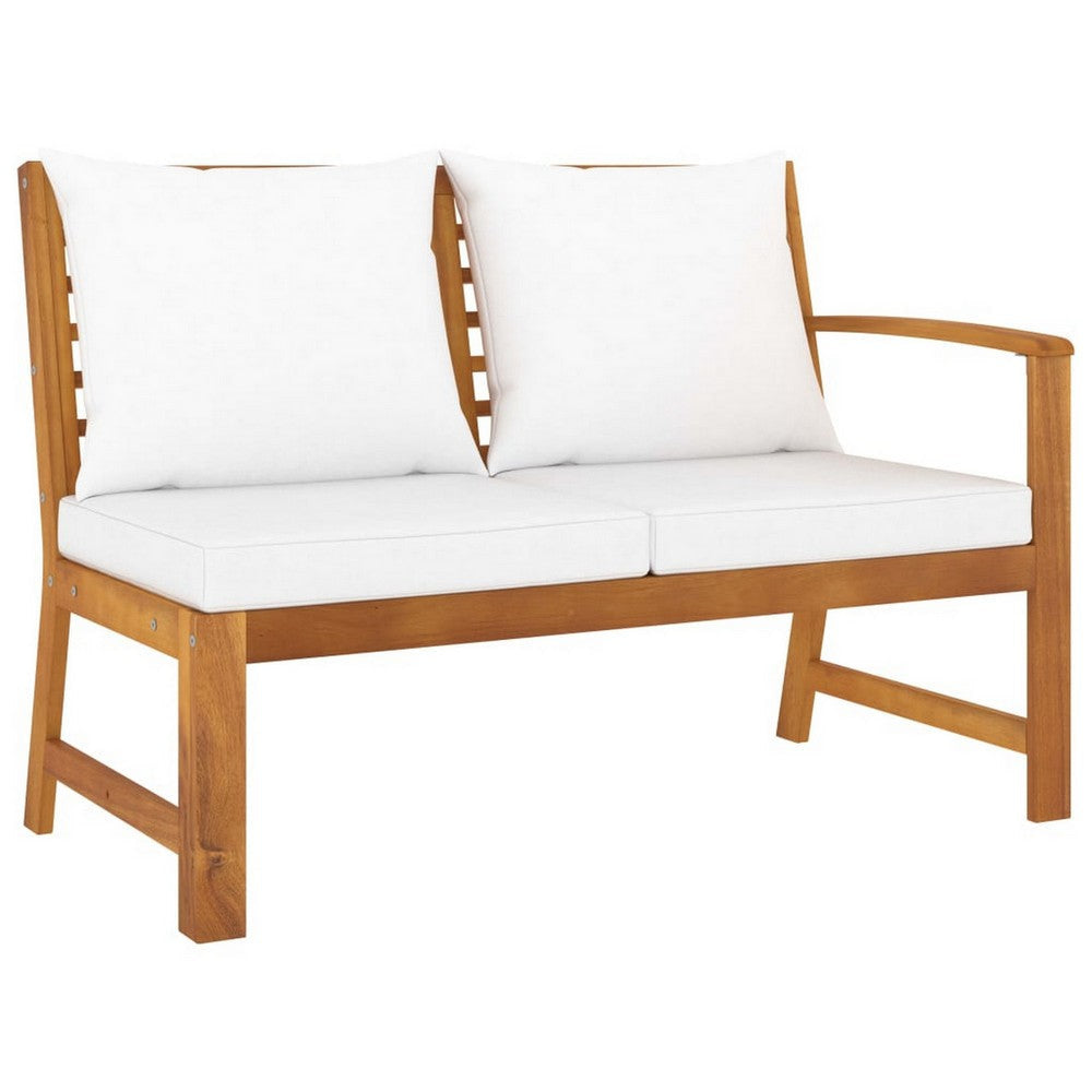 Outdoor Patio Bench, 45", Solid Brown Acacia Wood, Cream Polyester