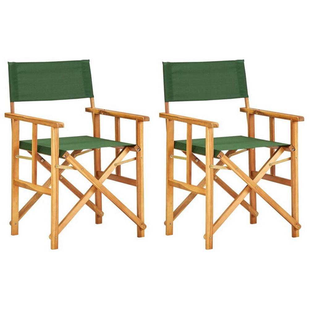 Folding Director's Chairs Set of 2, X Shape Base, Acacia Wood, Green