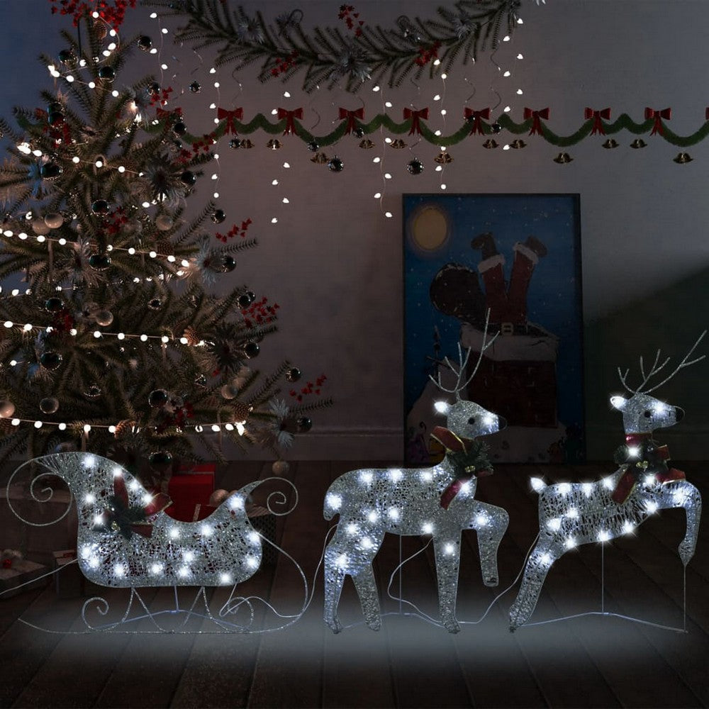 Outdoor Christmas Reindeer and Sleigh Decoration, 60 Silver LED Lights