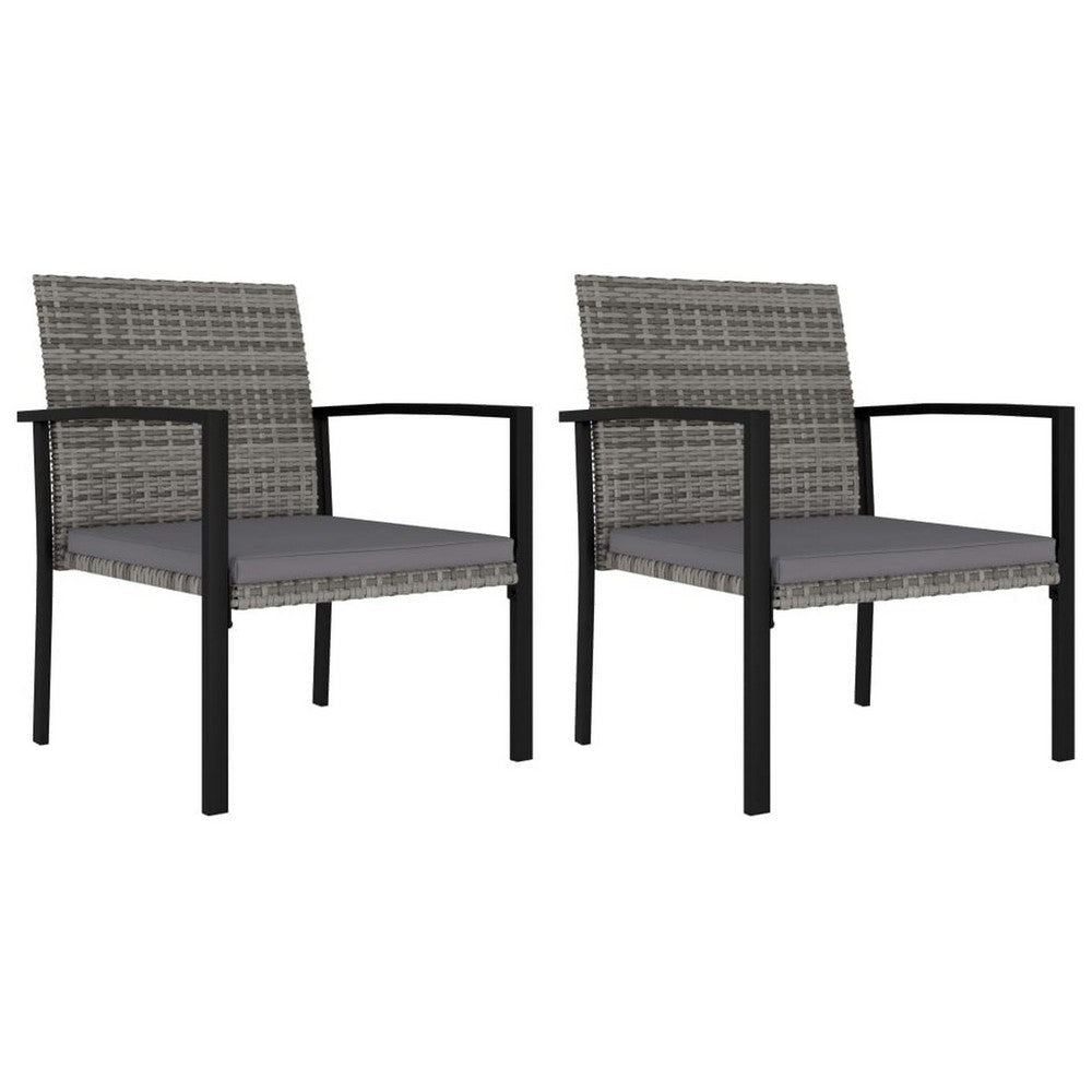 Outdoor Dining Side Chair Set of 2, Gray Poly Rattan, Black Steel