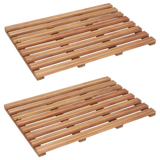 Bath Mats Set of 2, Beige Solid Acacia Wood, Slatted Design, 22x15"