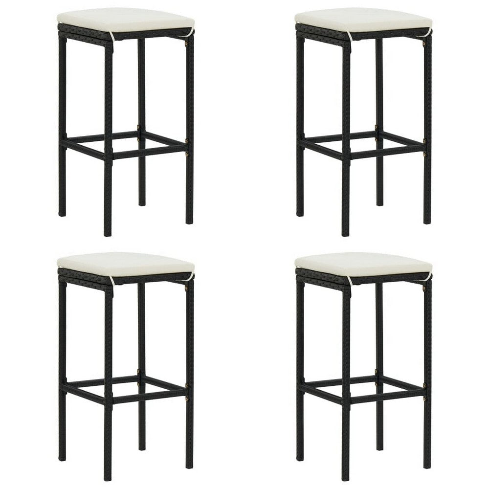 Outdoor Barstool Set of 4, Cream White Cushion, Black Poly Rattan