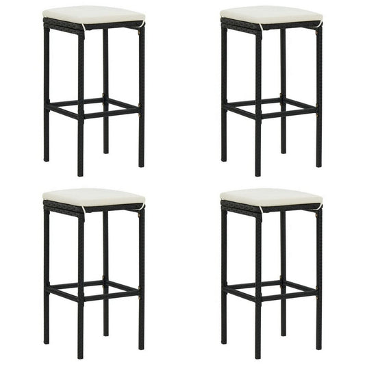 Outdoor Barstool Set of 4, Cream White Cushion, Black Poly Rattan