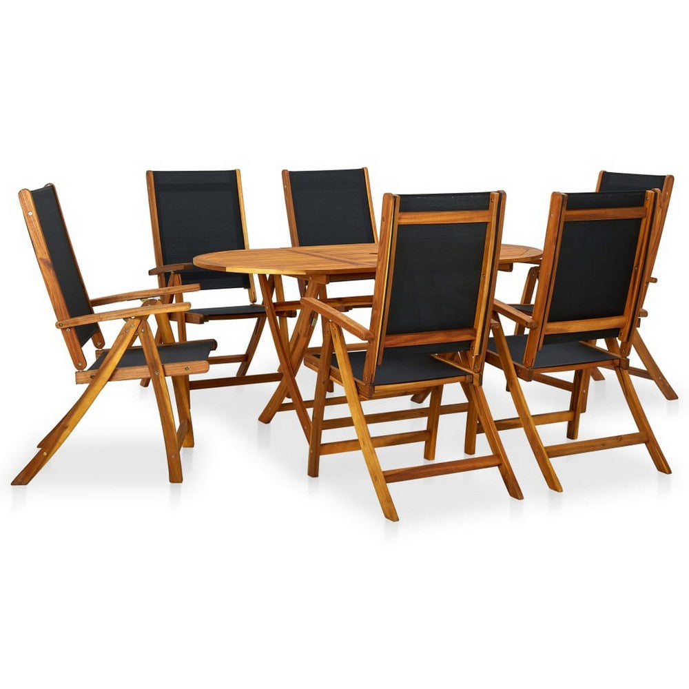 7pc Outdoor Dining Table Set, 6 Folding Chairs, Brown Acacia Wood