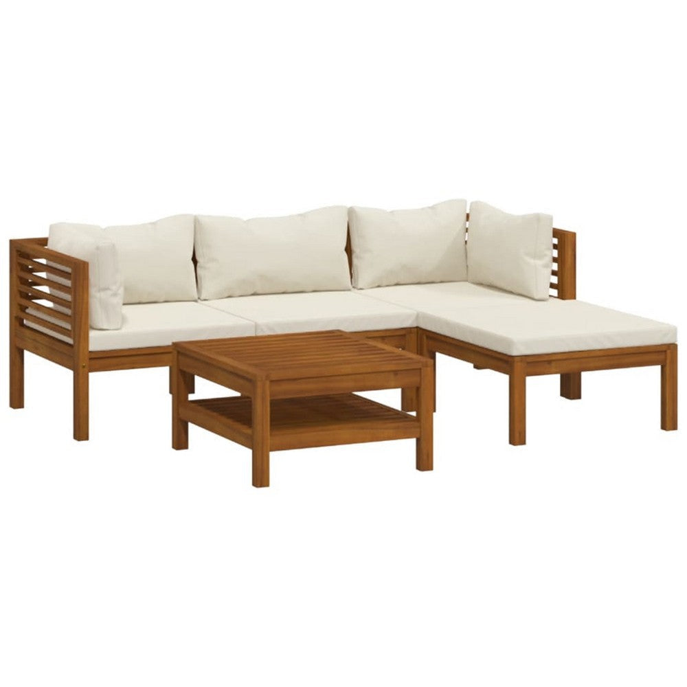 Luna 5pc Modular Outdoor L Sofa and Acacia Wood Coffee Table, Cream