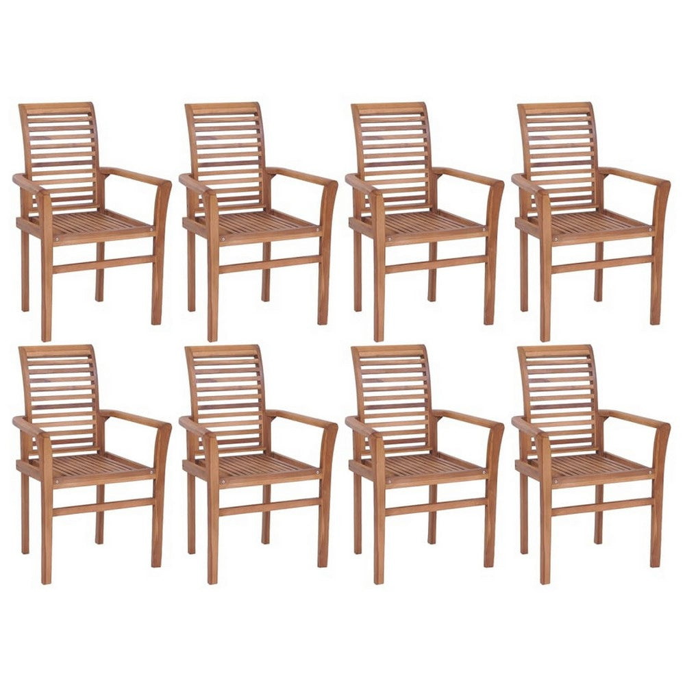 Outdoor Set of 8 Stacking Dining Chair, Slatted Brown Teak Wood