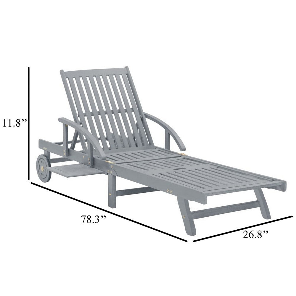 Outdoor Sun Chaise Lounger Slatted Gray Acacia Wood Frame w Wheels BM326333