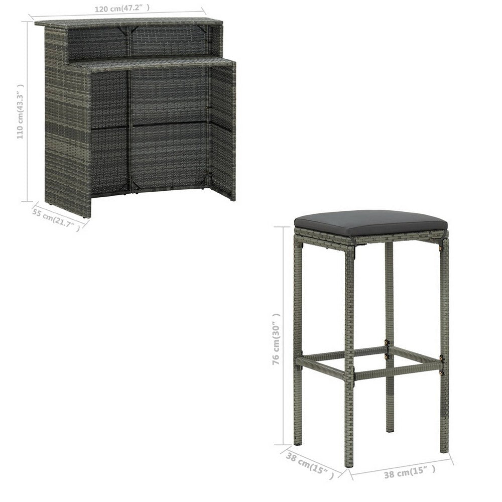 Rusel 3pc Outdoor Bar Table and Stool Set Gray Poly Rattan Polyester BM326352