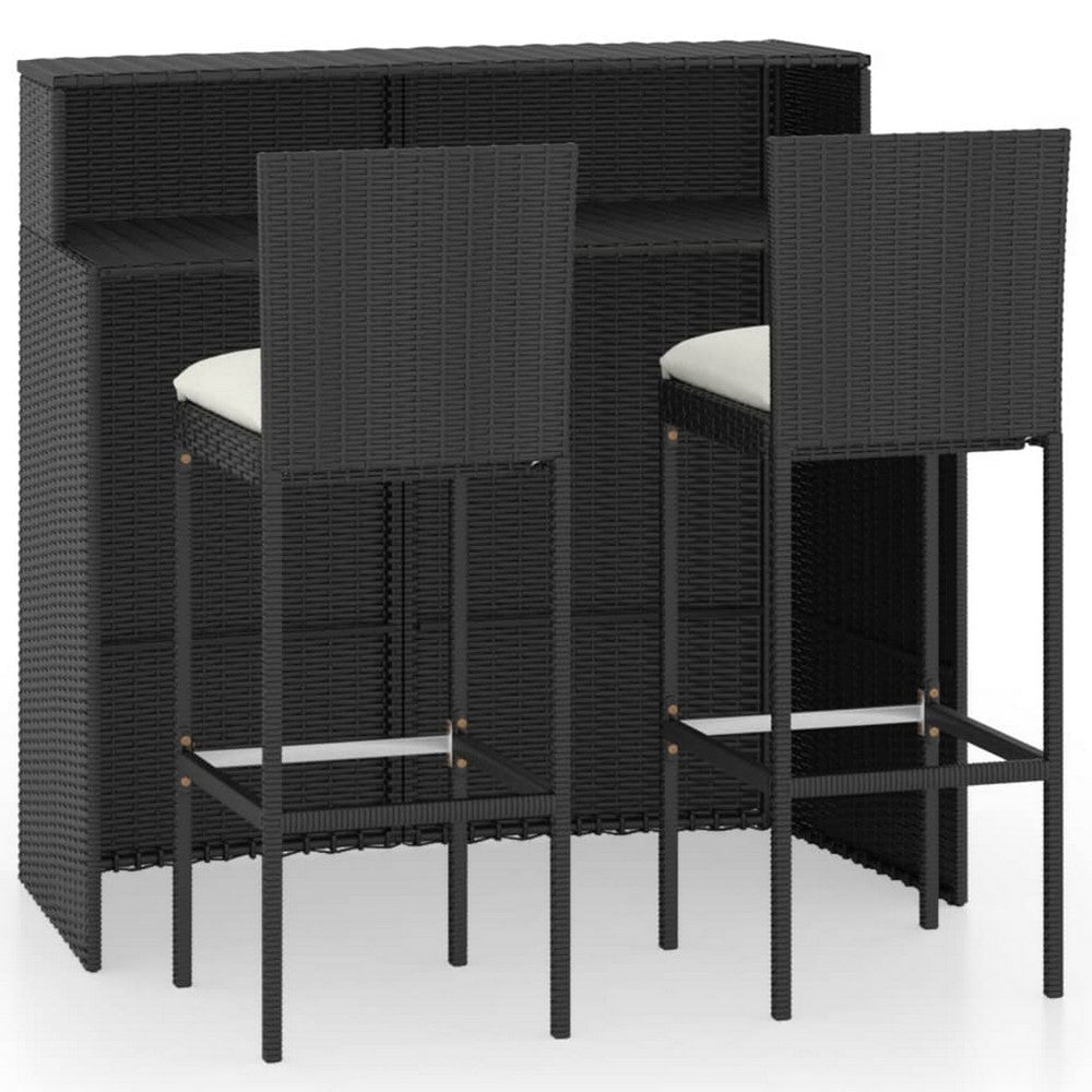 Rusel 3pc Outdoor Bar Table and Stool Set, Black Rattan, Cream White