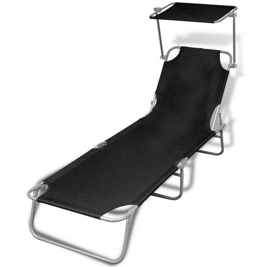 Outdoor Foldable Sun Chaise Lounger with Canopy, 74" Steel, Black