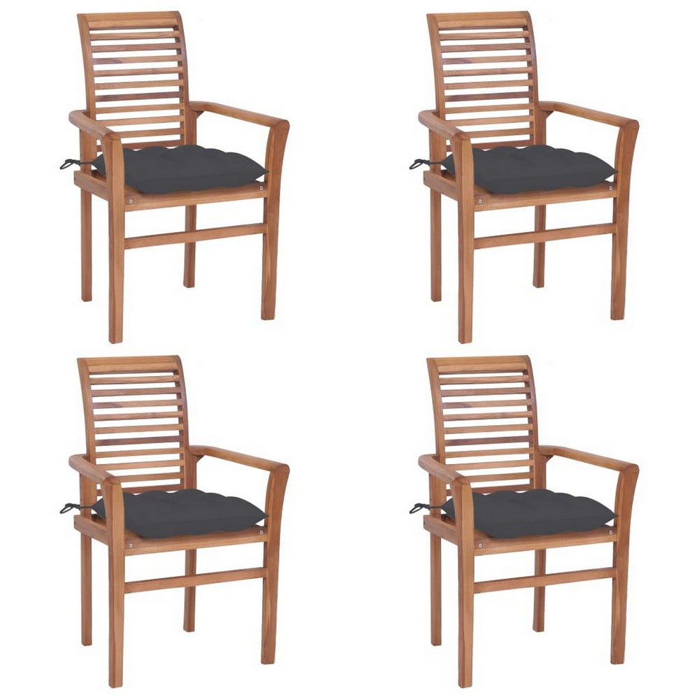 Outdoor Dining Set of 4, Slatted Teak Wood, Dark Gray Polyester