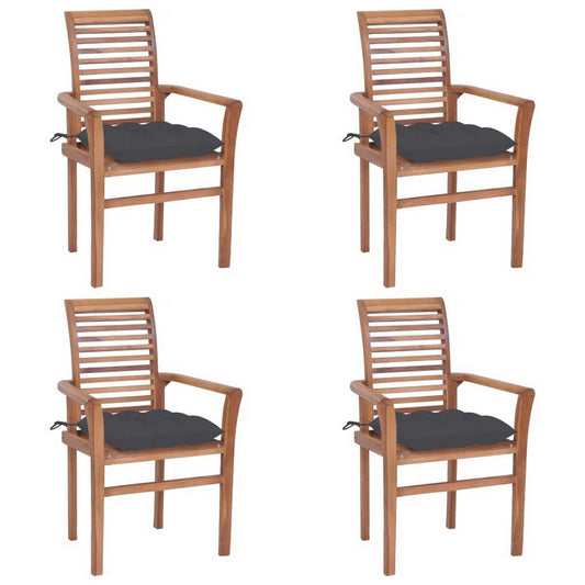 Outdoor Dining Set of 4, Slatted Teak Wood, Dark Gray Polyester