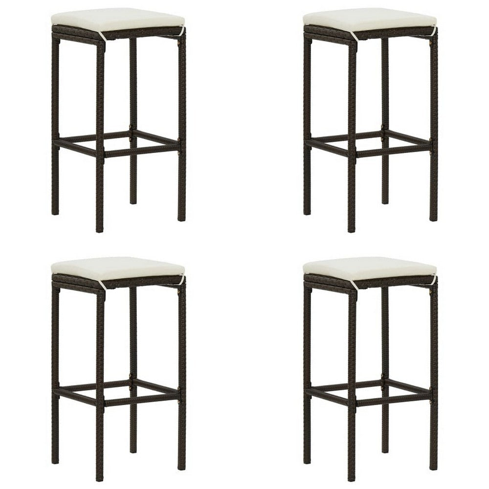 Vian Outdoor Barstool Set of 4, Brown Poly Rattan, Cream Polyester