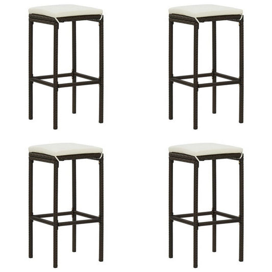 Vian Outdoor Barstool Set of 4, Brown Poly Rattan, Cream Polyester