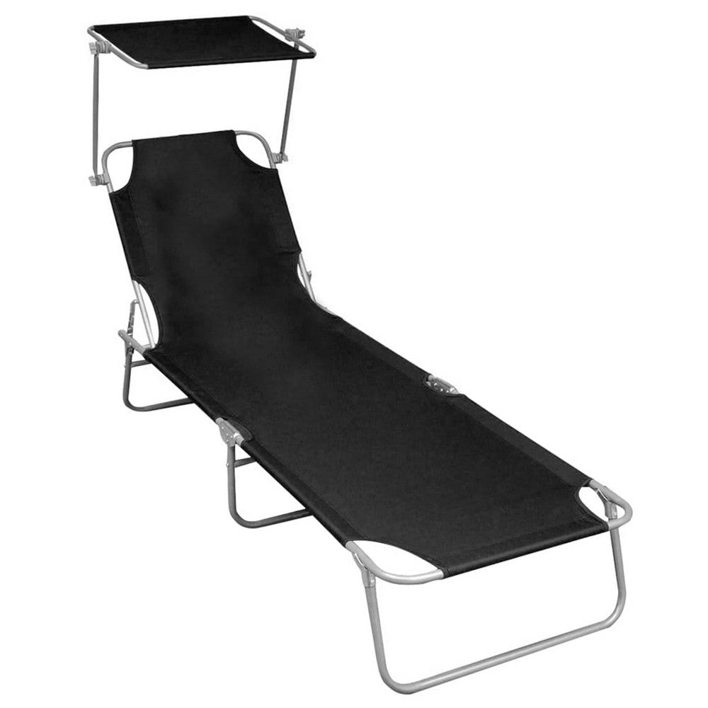 Keli Outdoor Folding Chaise Lounger, Canopy, Black Polyester, 74"