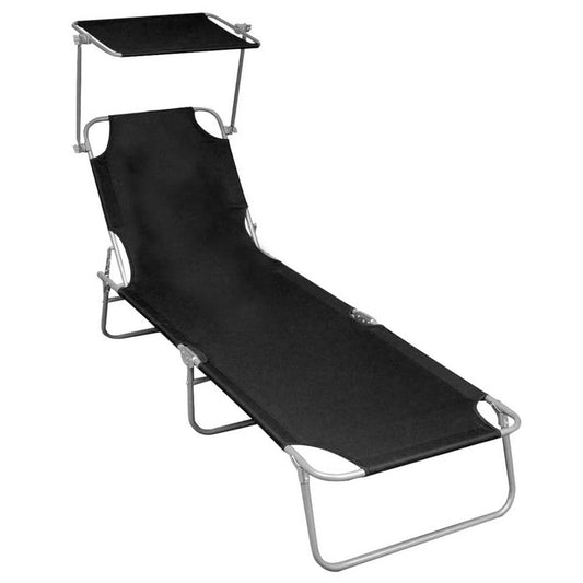 Keli Outdoor Folding Chaise Lounger, Canopy, Black Polyester, 74"