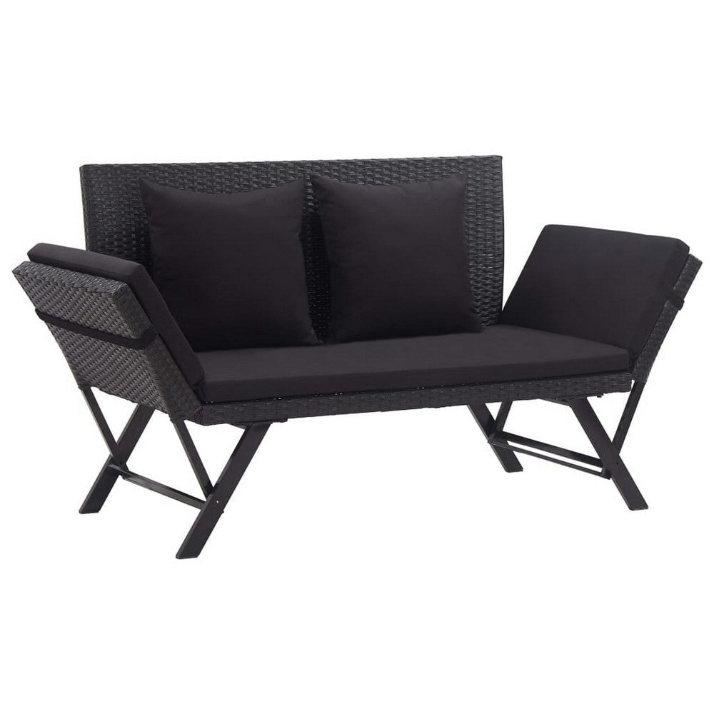 Outdoor Loveseat Bench, Black Fabric Cushions, Rattan, Steel, 51"