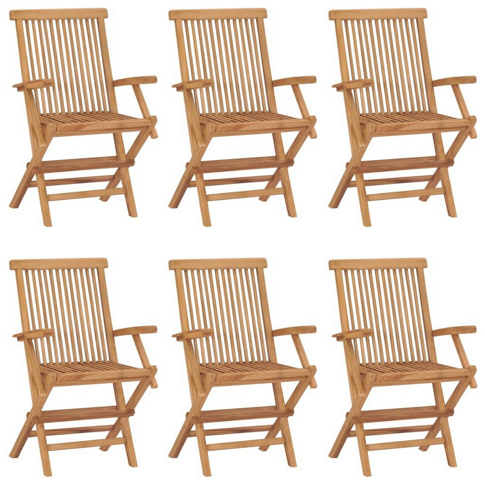 Hina Folding Outdoor ArmSet of 6, Brown Solid Teak Wood, Slatted