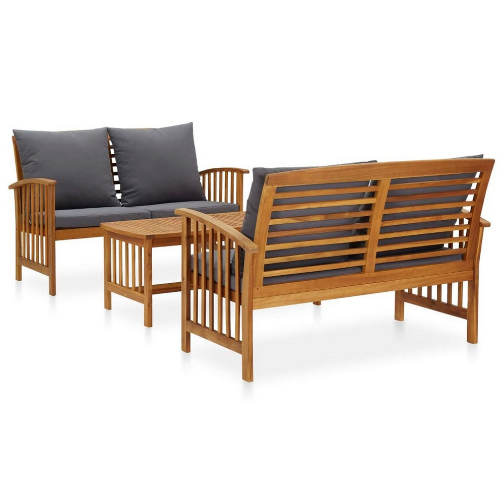 Mia 3pc Outdoor Loveseat Bench Coffee Table Set | Gray | Acacia Wood